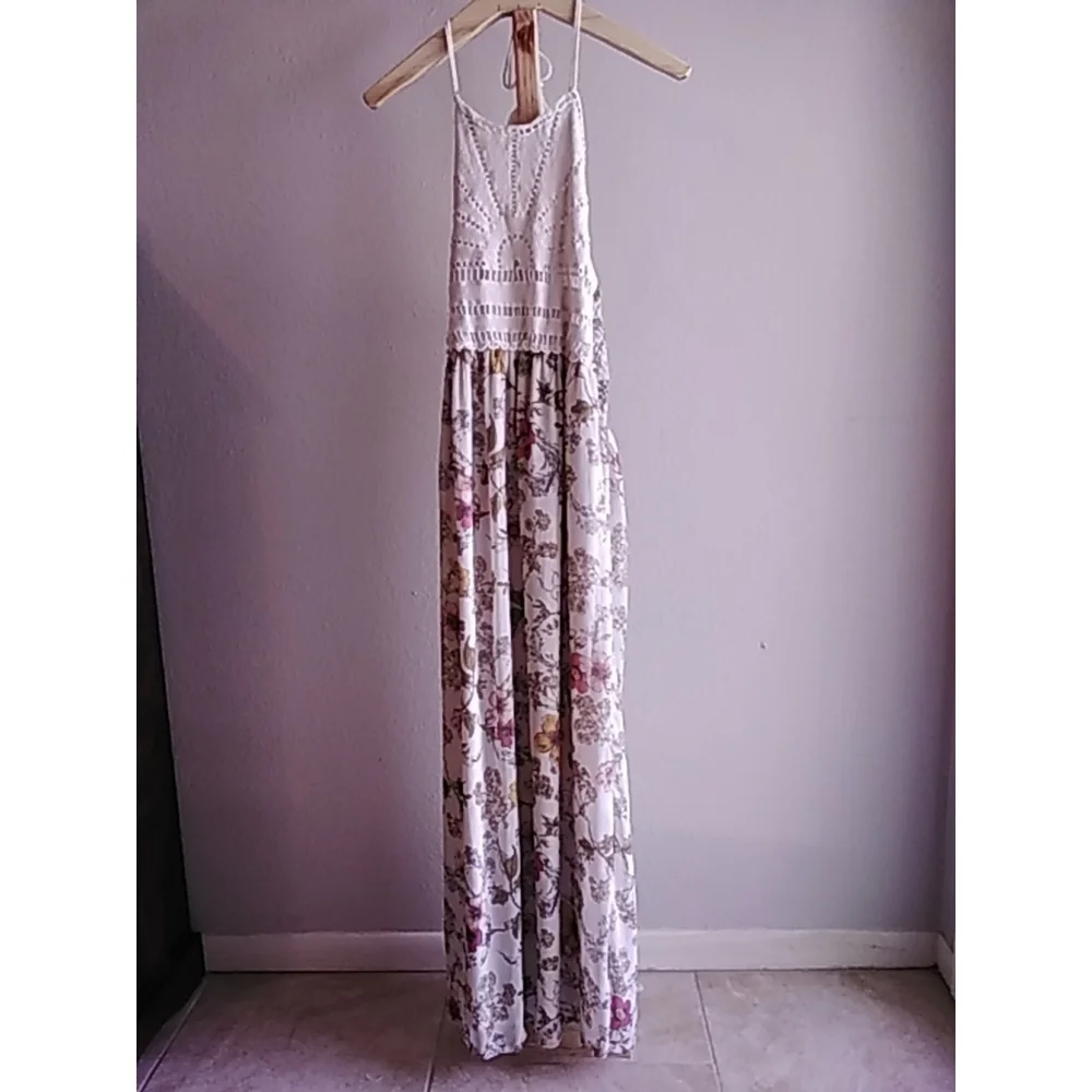 🌻 Taylor & Sage Maxi Dress Size L Crochet Floral Halter Colorful Pink Yellow - Picture 2 of 12